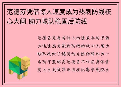 范德芬凭借惊人速度成为热刺防线核心大闸 助力球队稳固后防线 范德芬凭借惊人速度成为热刺防线核心大闸 助力球队稳固后防线