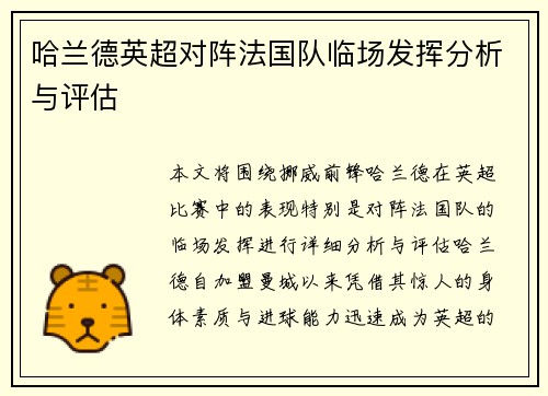 哈兰德英超对阵法国队临场发挥分析与评估 哈兰德英超对阵法国队临场发挥分析与评估